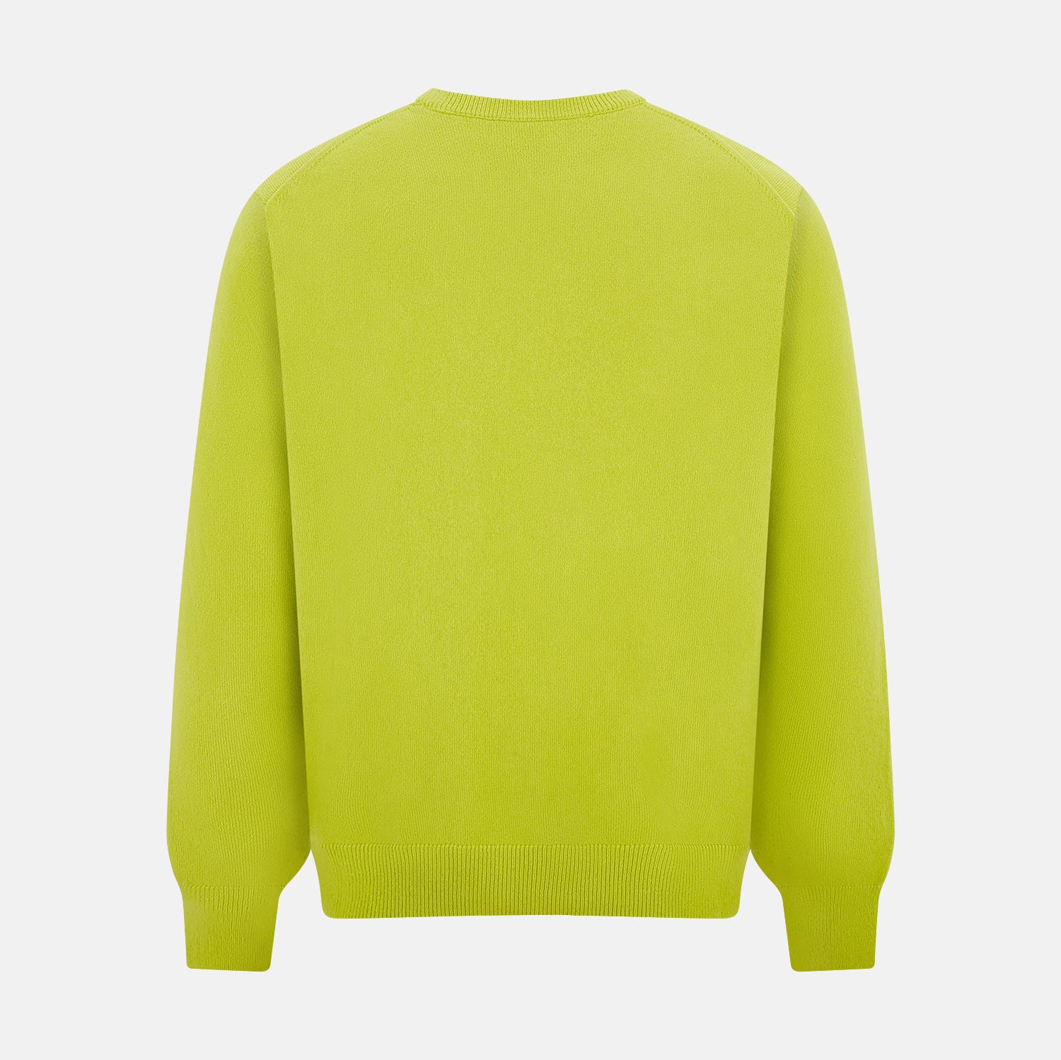 View 3 of product The Turnbull & Asser Lemon Green Cashmere Round Neck Jumper features long sleeves with ribbed cuffs and hem, displayed on a white background.