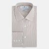 View 5 of product The Coffee Shadow Stripe Mayfair Shirt by Turnbull & Asser is a long-sleeve, button-down style with a T&A collar and fine beige and white stripes, crafted from premium Italian cotton and shown on a white background.