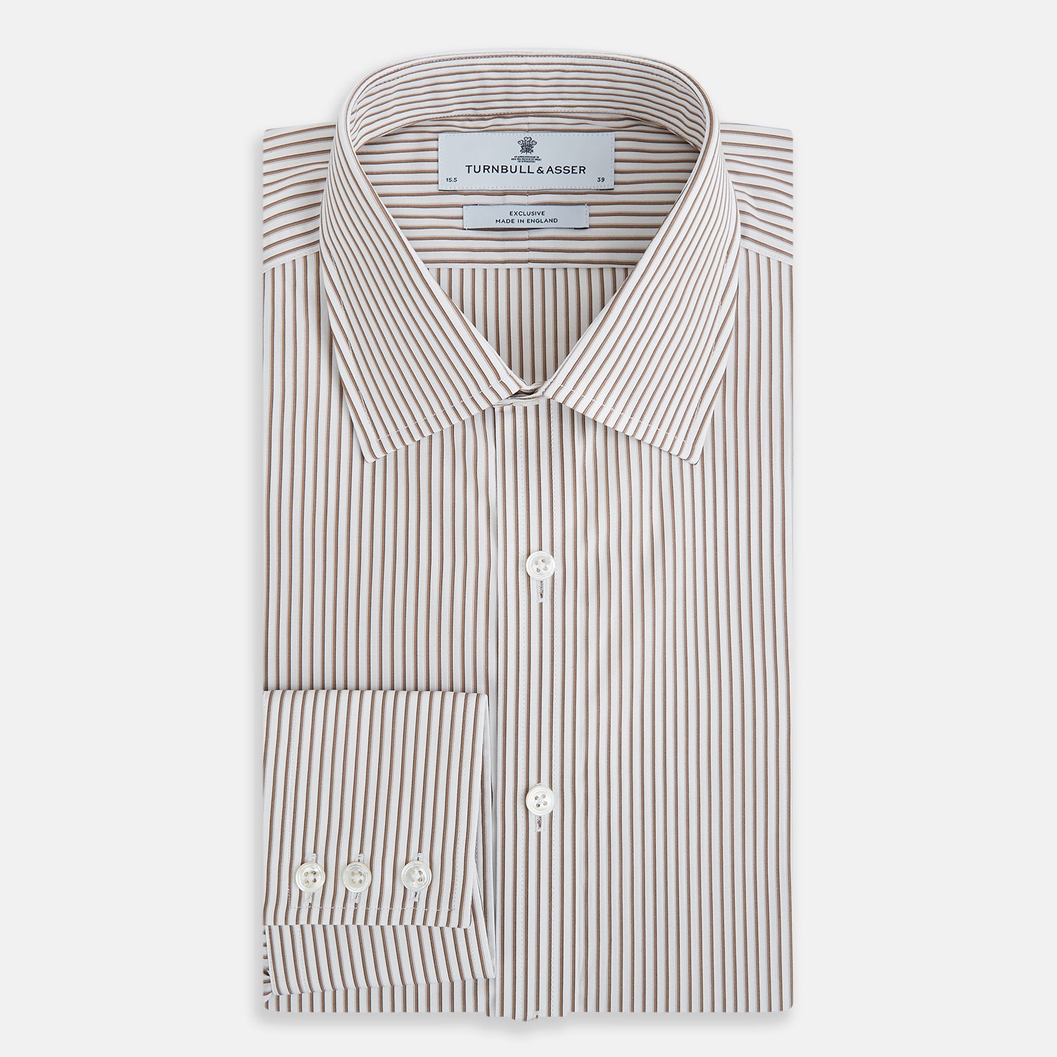View 5 of product The Coffee Shadow Stripe Mayfair Shirt by Turnbull & Asser is a long-sleeve, button-down style with a T&A collar and fine beige and white stripes, crafted from premium Italian cotton and shown on a white background.