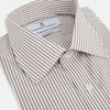 View 2 of product The Coffee Shadow Stripe Mayfair Shirt by Turnbull & Asser is a long-sleeve, button-down style with a T&A collar and fine beige and white stripes, crafted from premium Italian cotton and shown on a white background.