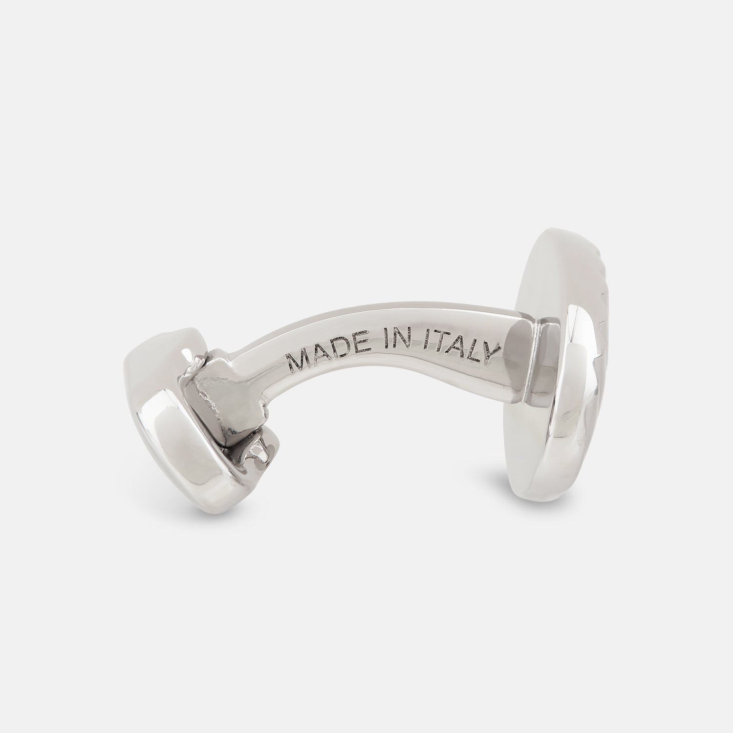 View 2 of product Turnbull & Asser Silver Striped Oval Cufflinks feature a classic diagonal pattern on a silver oval face, displayed against a plain white background.
