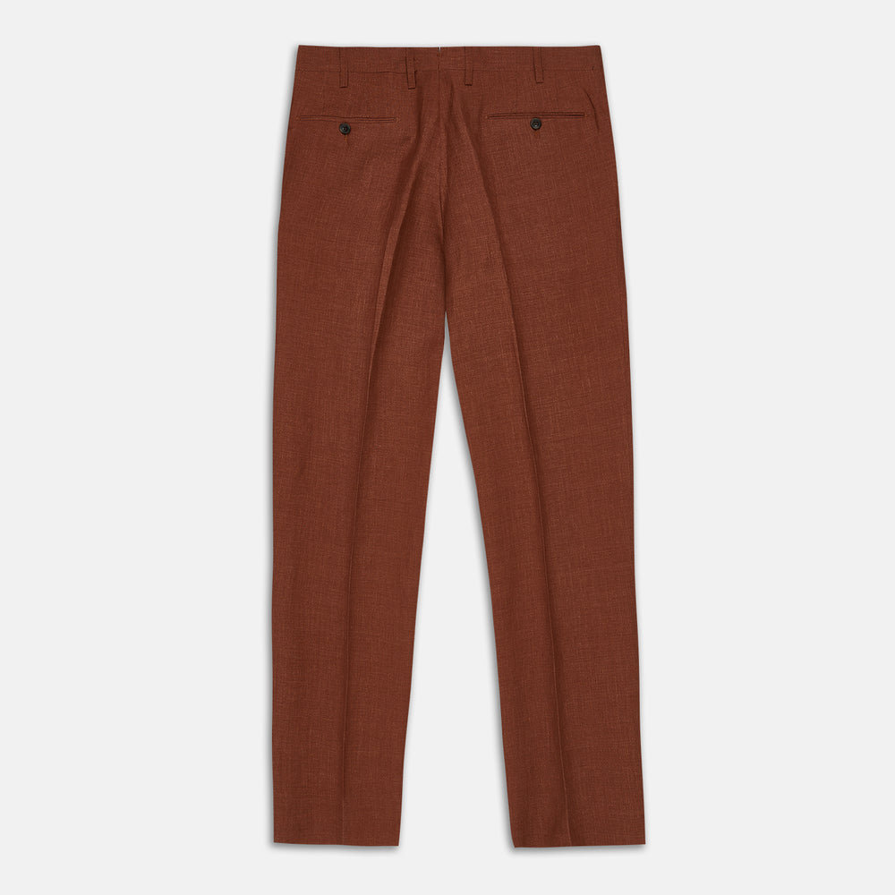 Turnbull & Asser’s Rust Linen-Wool-Silk Gerry Trousers, in a classic fit with straight legs, pleats, belt loops, and front button-zip closure, are neatly displayed flat on a white background.