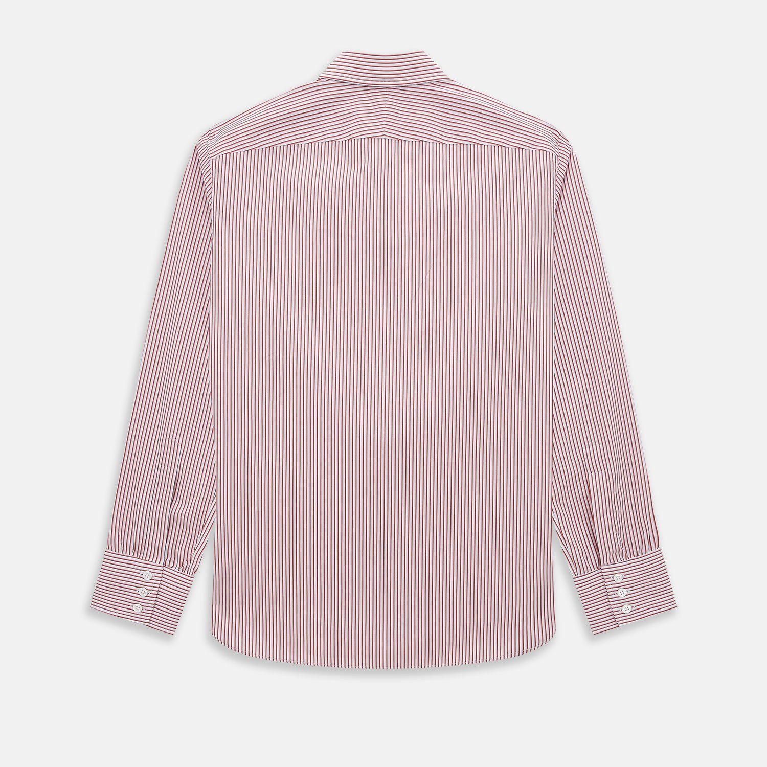 View 3 of product The Red Shadow Stripe Westminster Shirt by Turnbull & Asser features long sleeves, a Turnbull collar, thin red and white vertical stripes, white buttons, and showcases British craftsmanship against a plain white background.