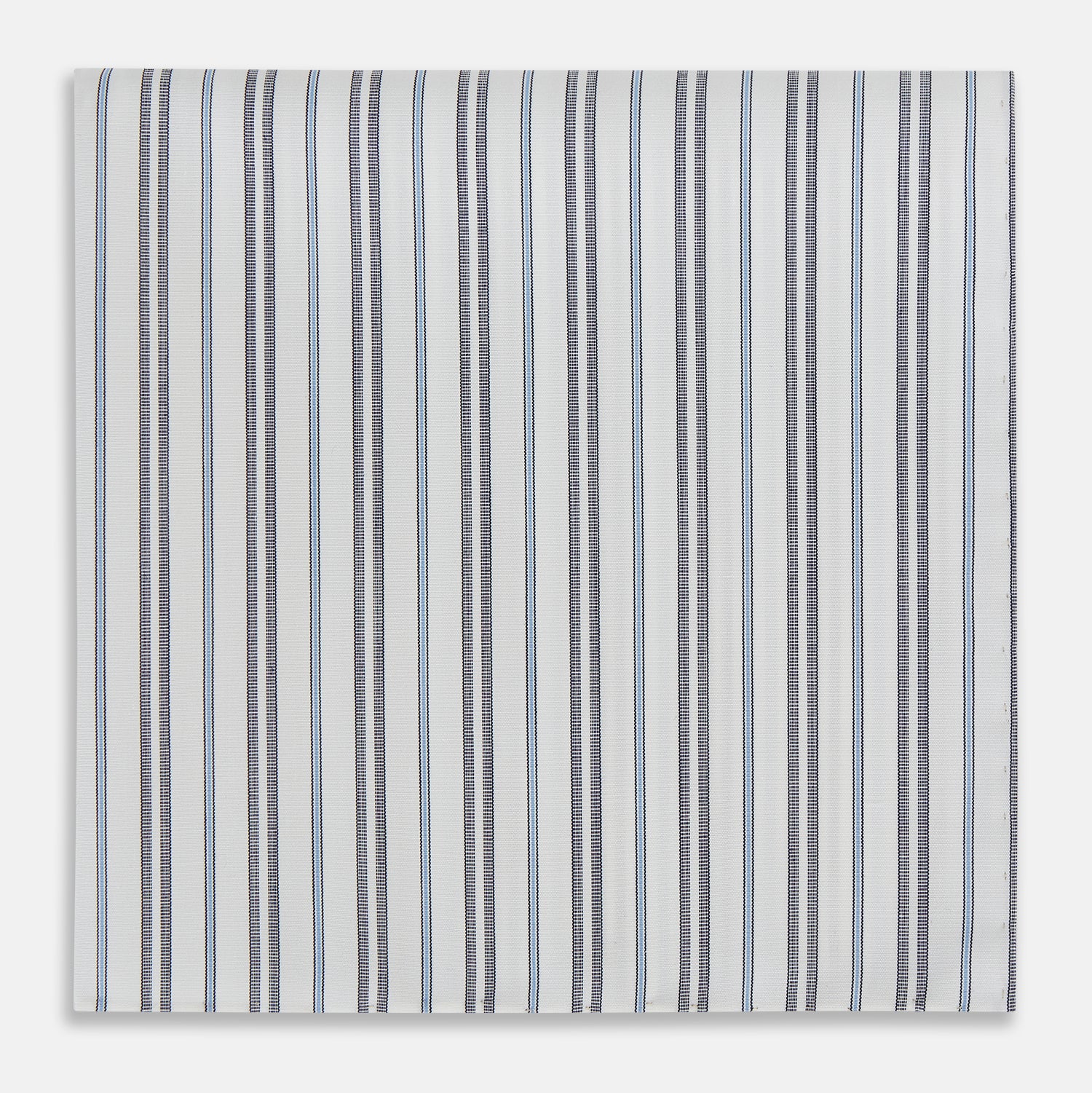 Image 1 of product The Turnbull & Asser Navy and Light Blue Track Stripe Hand-Rolled Handkerchief features vertical stripes in blue, black, and gray on white with hand-rolled edges, expertly crafted in England.