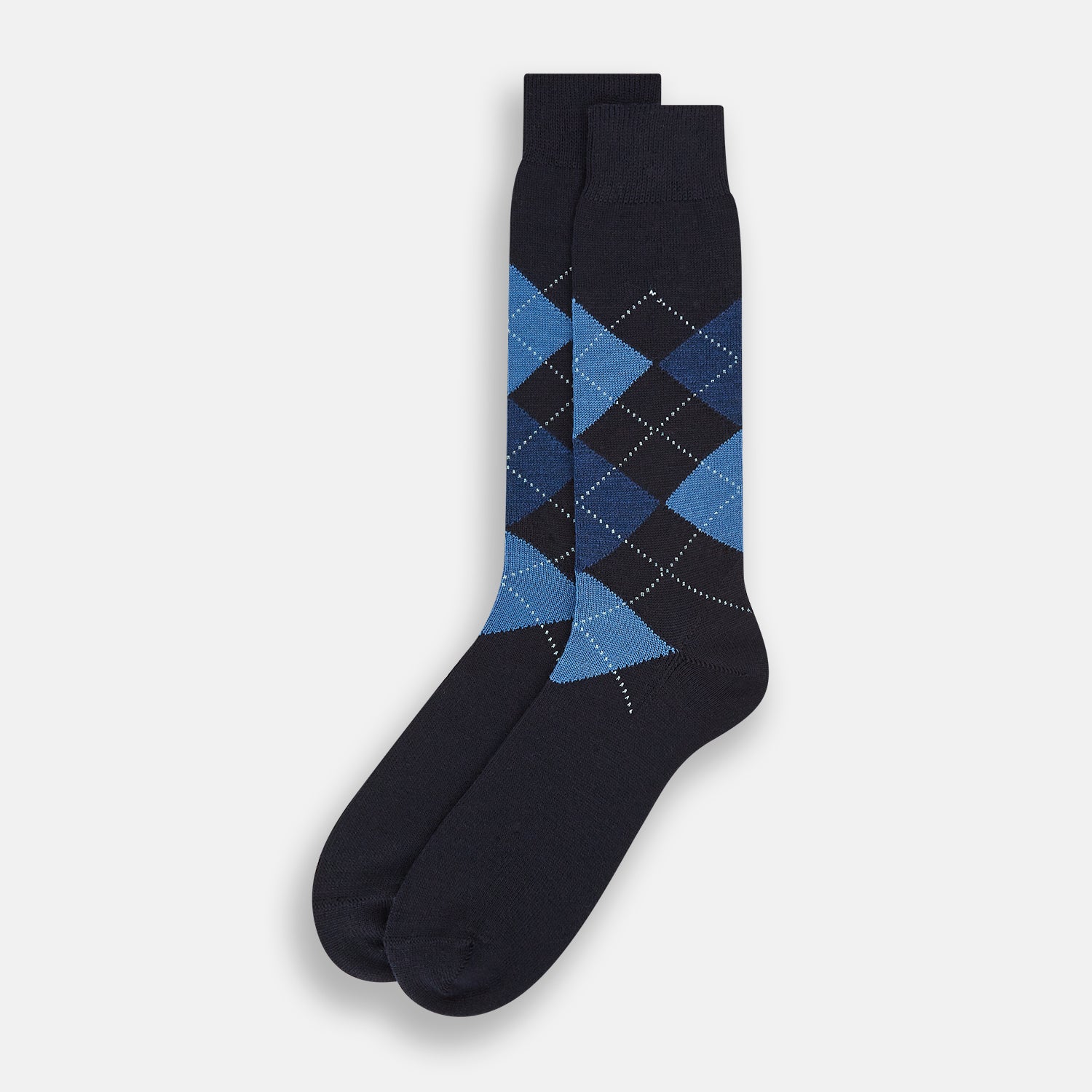 View 2 of product A single Turnbull & Asser Navy/Blue Wool Check Mid-Length Sock, featuring a blue and light blue check pattern, is displayed upright on a plain white background.