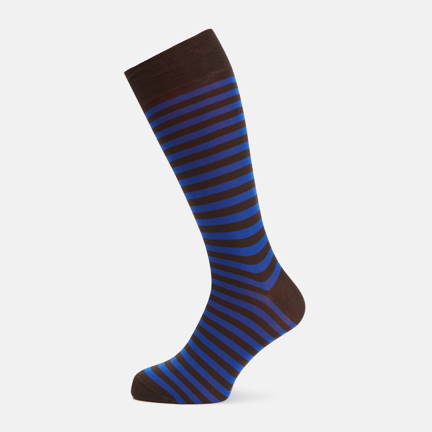 View 1 of product The Blue Striped Cotton Blend Sock by Turnbull & Asser features horizontal dark brown and blue stripes, a solid brown cuff, heel, and toe. Its bold colours stand out against a plain white background.