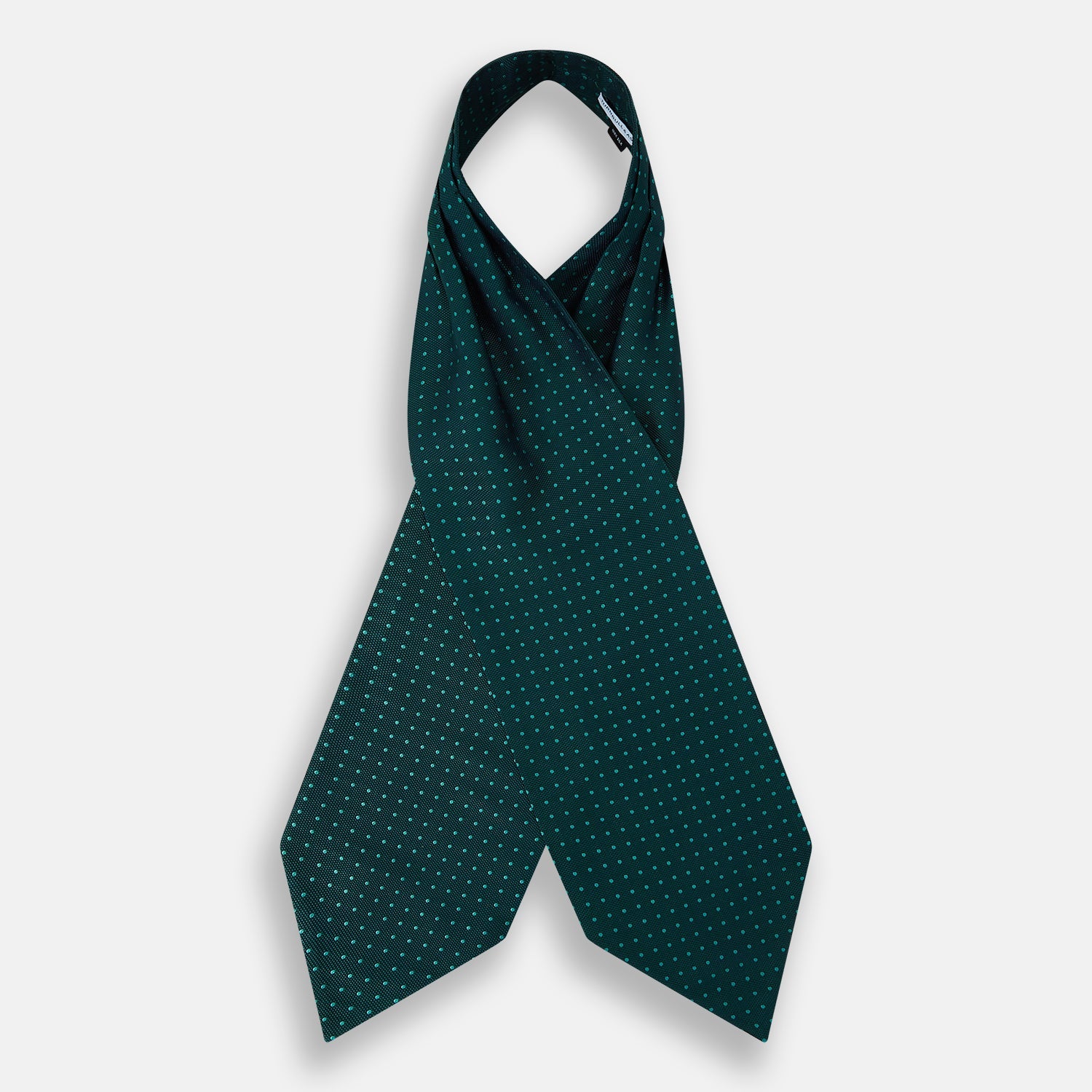 View 2 of product The Turnbull & Asser Turquoise and Forest Green Micro Dot Silk Cravat features a refined micro dot pattern, adding sophisticated style to formal looks. Displayed on a white background.