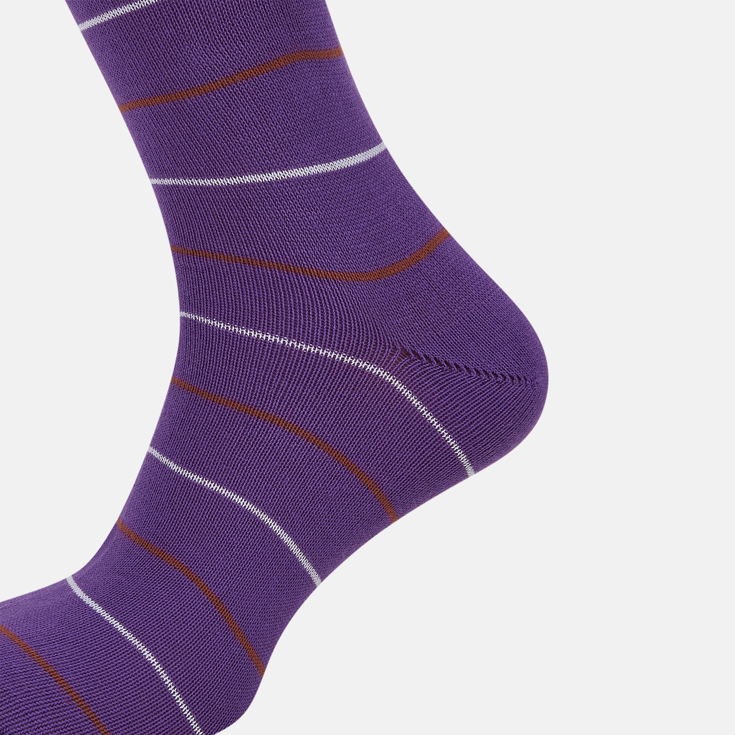 View 4 of product The Purple Striped Mid-Length Socks by Turnbull & Asser feature thin white and reddish-brown stripes on a purple background—ideal for fans of stylish striped socks.
