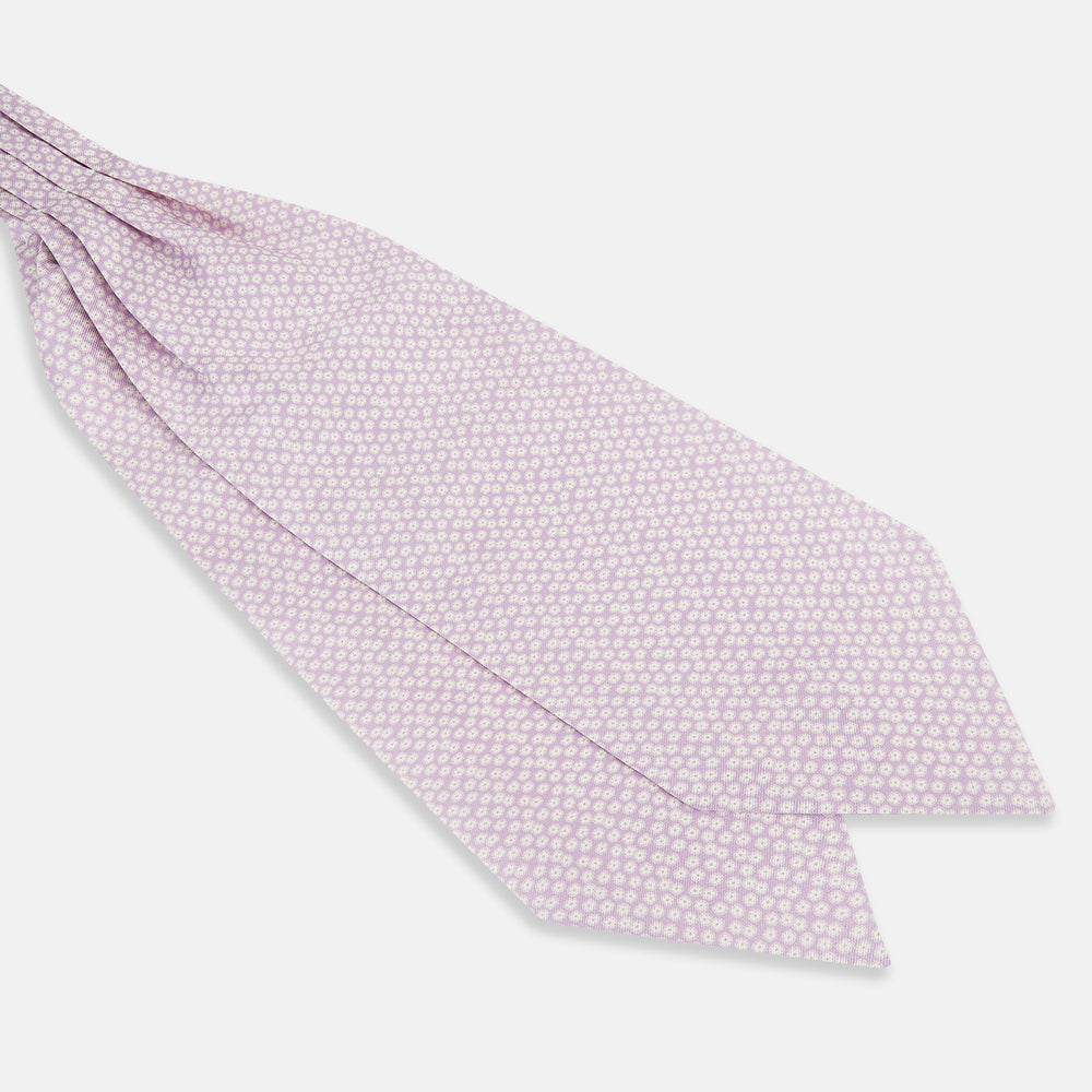 A lilac flower-patterned silk cravat by Turnbull & Asser, elegantly displayed on a white background for a refined touch of British style.
