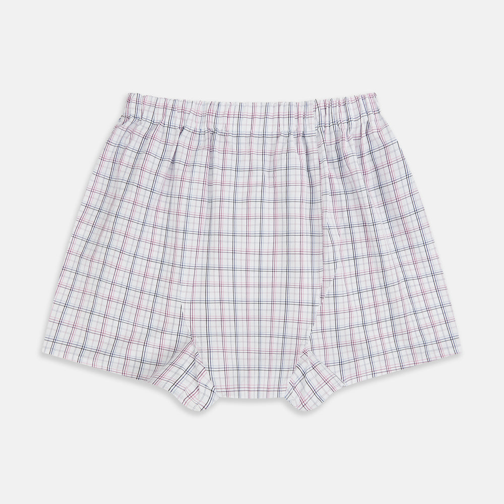 Turnbull & Asser’s Purple and Orange Multi Graph Check Godfrey Boxer Shorts for men feature an elastic waistband and are crafted from fine Italian cotton, shown on a plain white background.