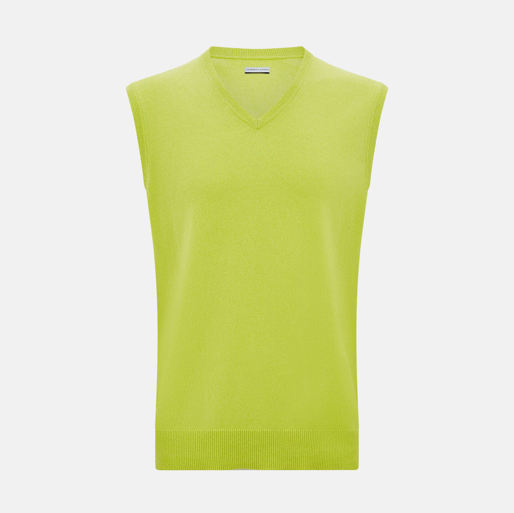 The Turnbull & Asser Lemon Green Cashmere V-Neck Vest boasts a modern knit design with a ribbed hem, shown on a plain white background—an ideal statement piece for gentlemen’s fashion.