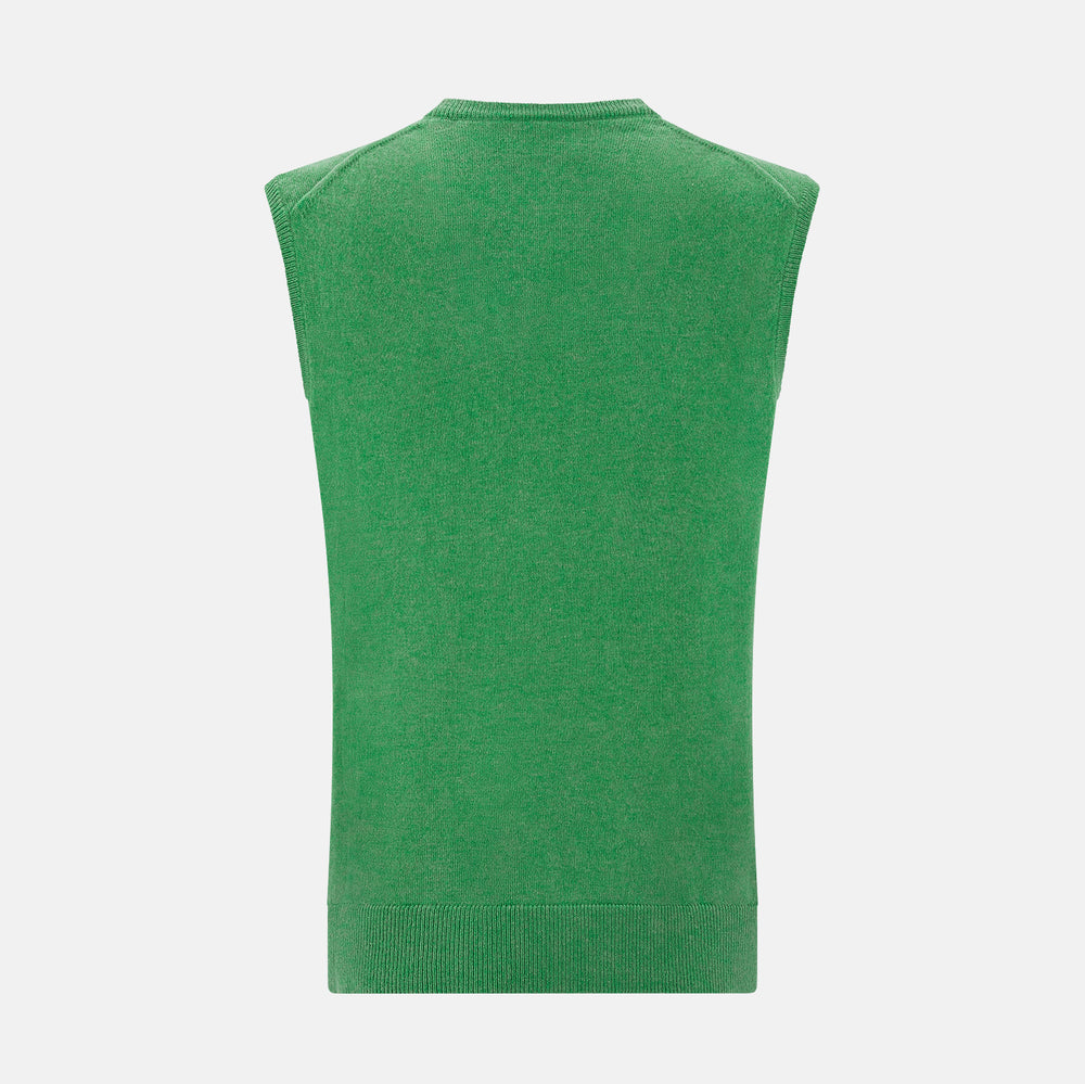 The Fern Green Cashmere V-Neck Vest by Turnbull & Asser is a men's sleeveless jumper, ideal for layering, shown against a plain white background.