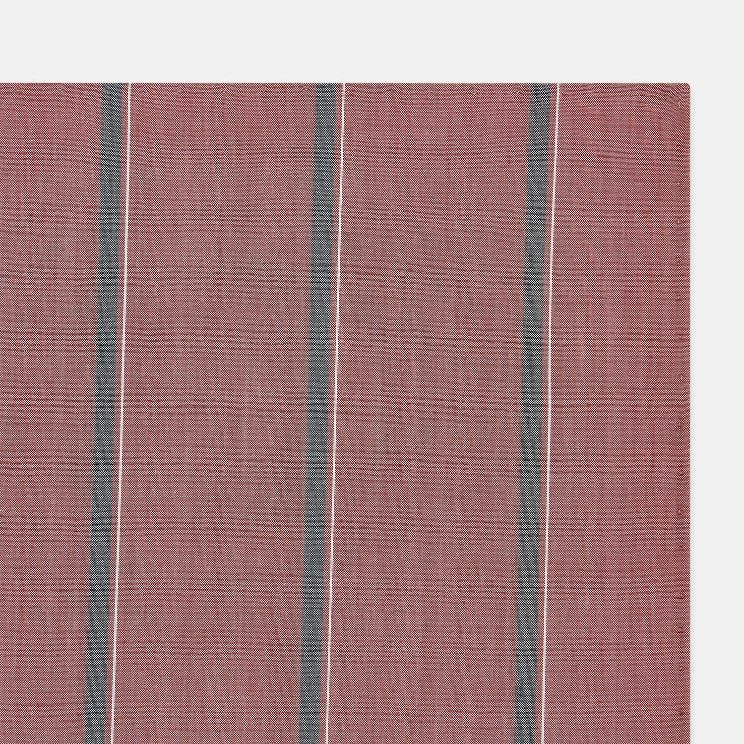 View 2 of product The Red Track Stripe Hand-Rolled Handkerchief by Turnbull & Asser features vertical gray and thin white stripes on red, a subtle woven texture, and elegant hand-rolled edges. Made in England.
