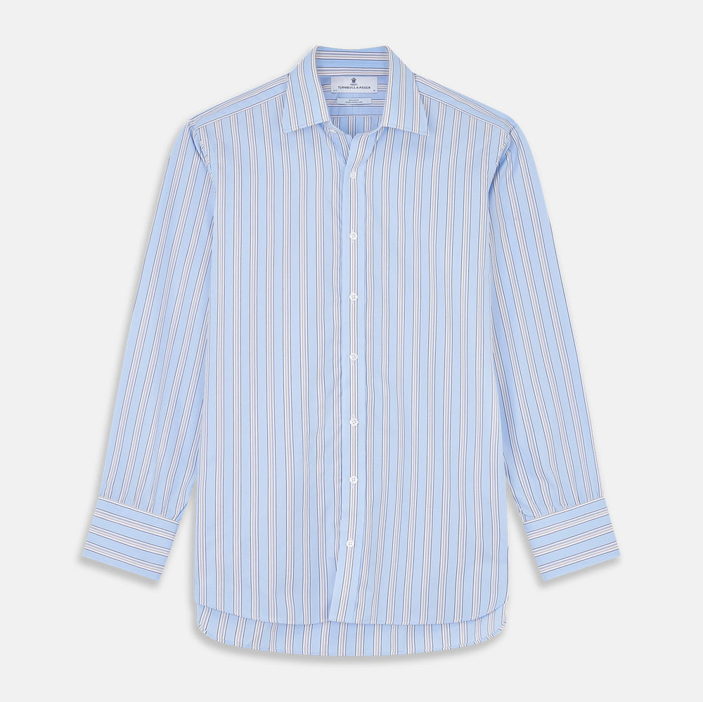 Close-up of Turnbull & Asser's Pale Blue Multi-stripe Cotton Fabric, featuring diagonal white, navy, and tan stripes displayed in a circular frame against a plain white background.