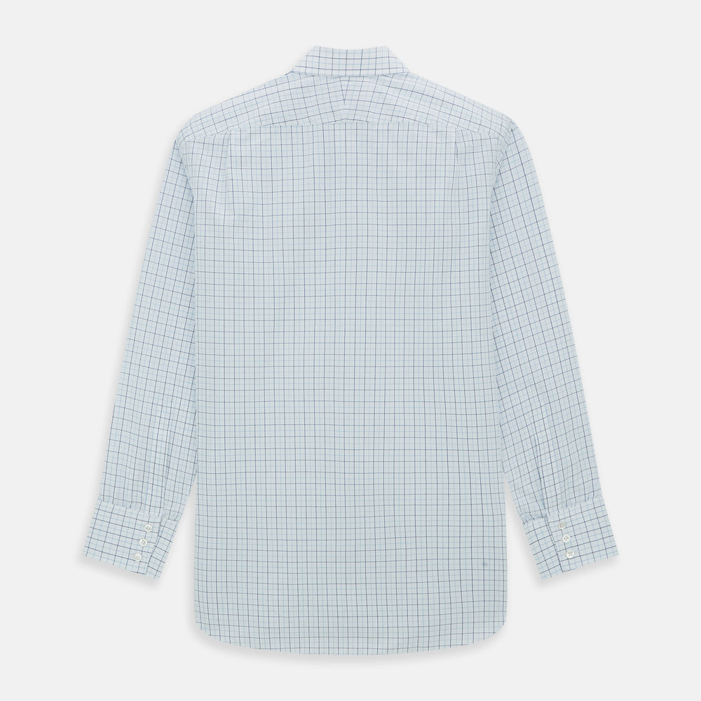 The Blue Overlay Grid Check Mayfair Shirt by Turnbull & Asser features a light blue and white grid check pattern with long sleeves and button-up design, making it a versatile wardrobe staple. Displayed on a plain white background.