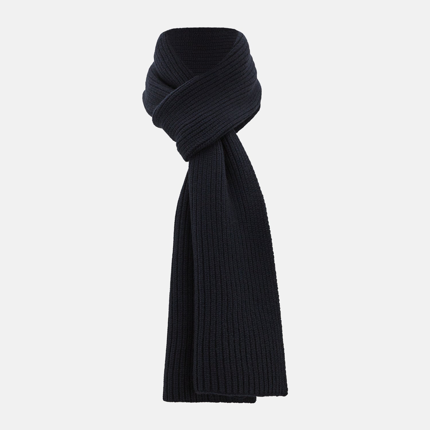 Image 1 of product The Navy Rib-Knit Cashmere Scarf by Turnbull & Asser is neatly folded and looped in a simple knot against a white background, highlighting its refined luxury appeal.