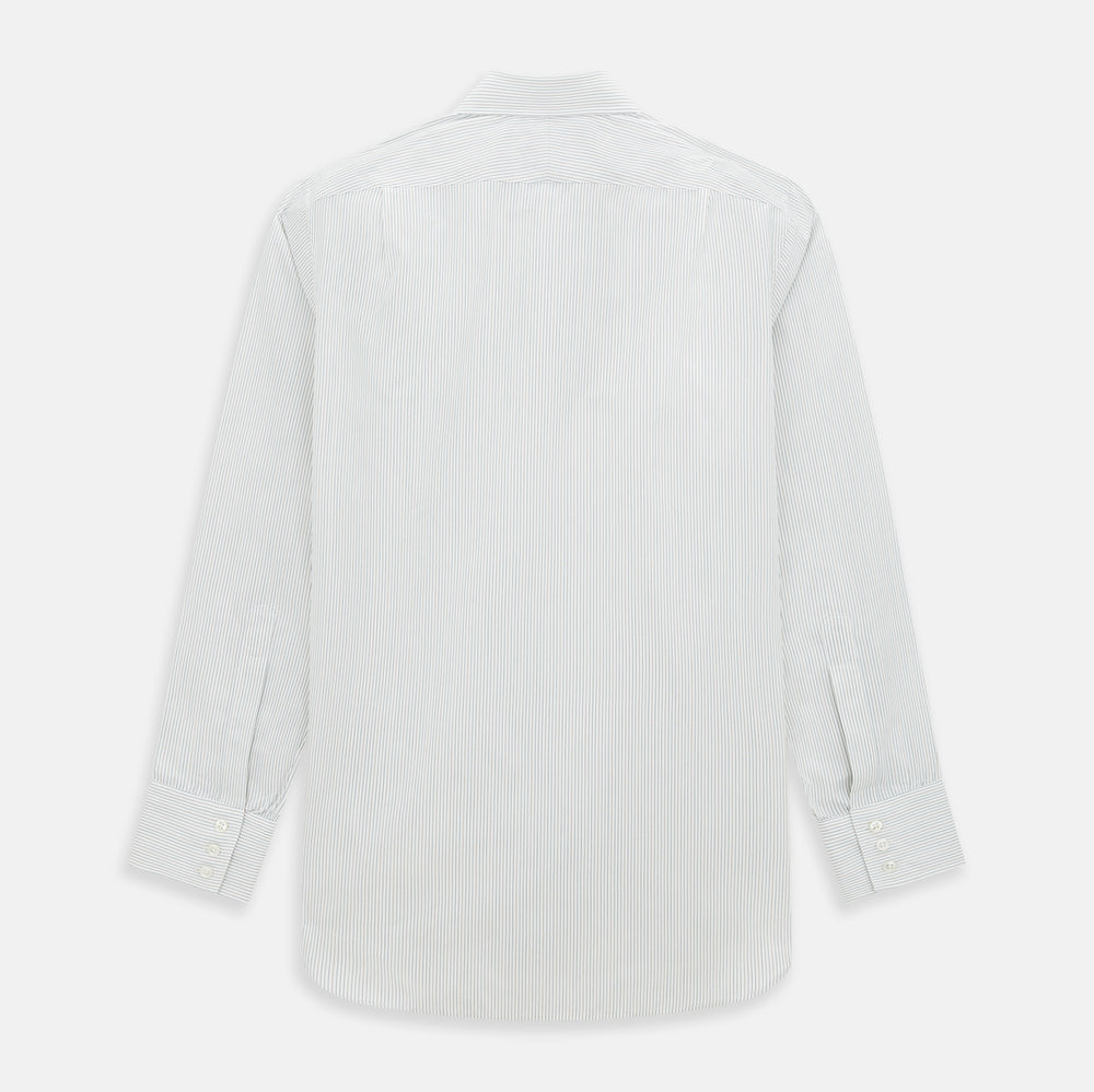 The Petrol Hairline Stripe Mayfair Shirt by Turnbull & Asser is a long-sleeved, button-up Italian cotton shirt with a subtle blue pinstripe, classic T&A collar, and buttoned cuffs, shown flat on a white background.