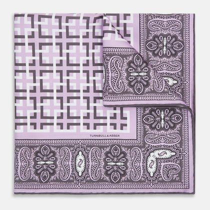 Lilac Square-Patterned and Paisley Patterned Silk Pocket Square Image 4