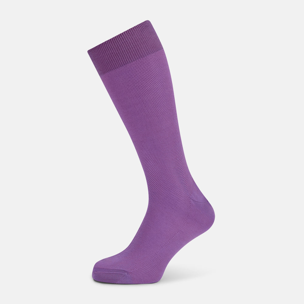 Turnbull & Asser’s Violet Micro Knit Mid-Length Sock, crafted from mercerised Egyptian cotton, stands upright on a plain white background with the toe and heel clearly visible.