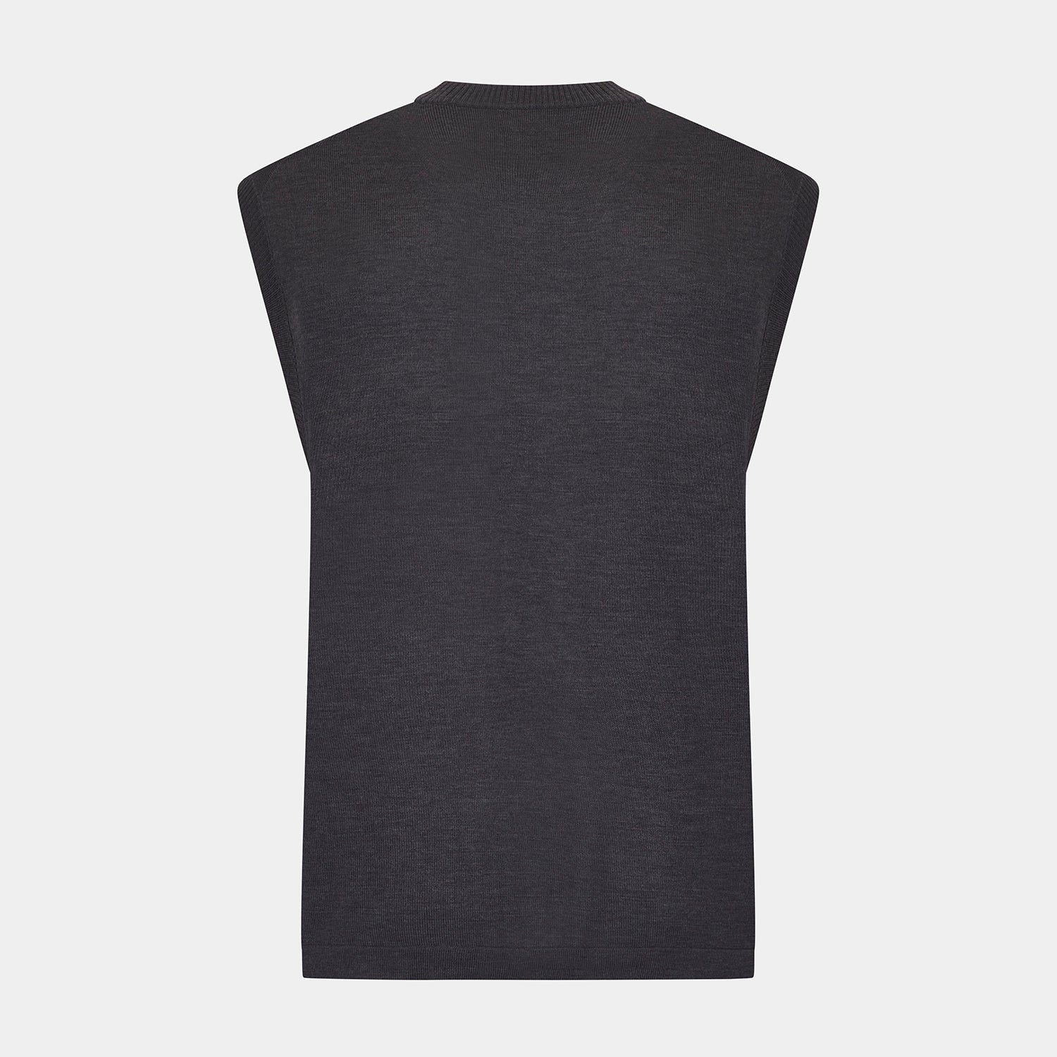 View 3 of product The Turnbull & Asser Brown Fine Merino V-Neck Vest features a sleeveless design with wide shoulders, ideal for layering in cooler seasons, shown here against a plain white background.