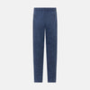 View 3 of product Turnbull & Asser Denim Blue Linen Herringbone Miles Trousers with a straight-leg fit, elasticated waist, and drawstring tie, shown against a plain white background.
