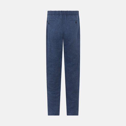 Denim Blue Linen Herringbone Miles Trousers Image 2