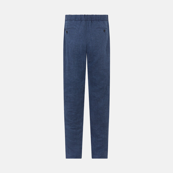 Denim Blue Linen Herringbone Miles Trousers Image 2