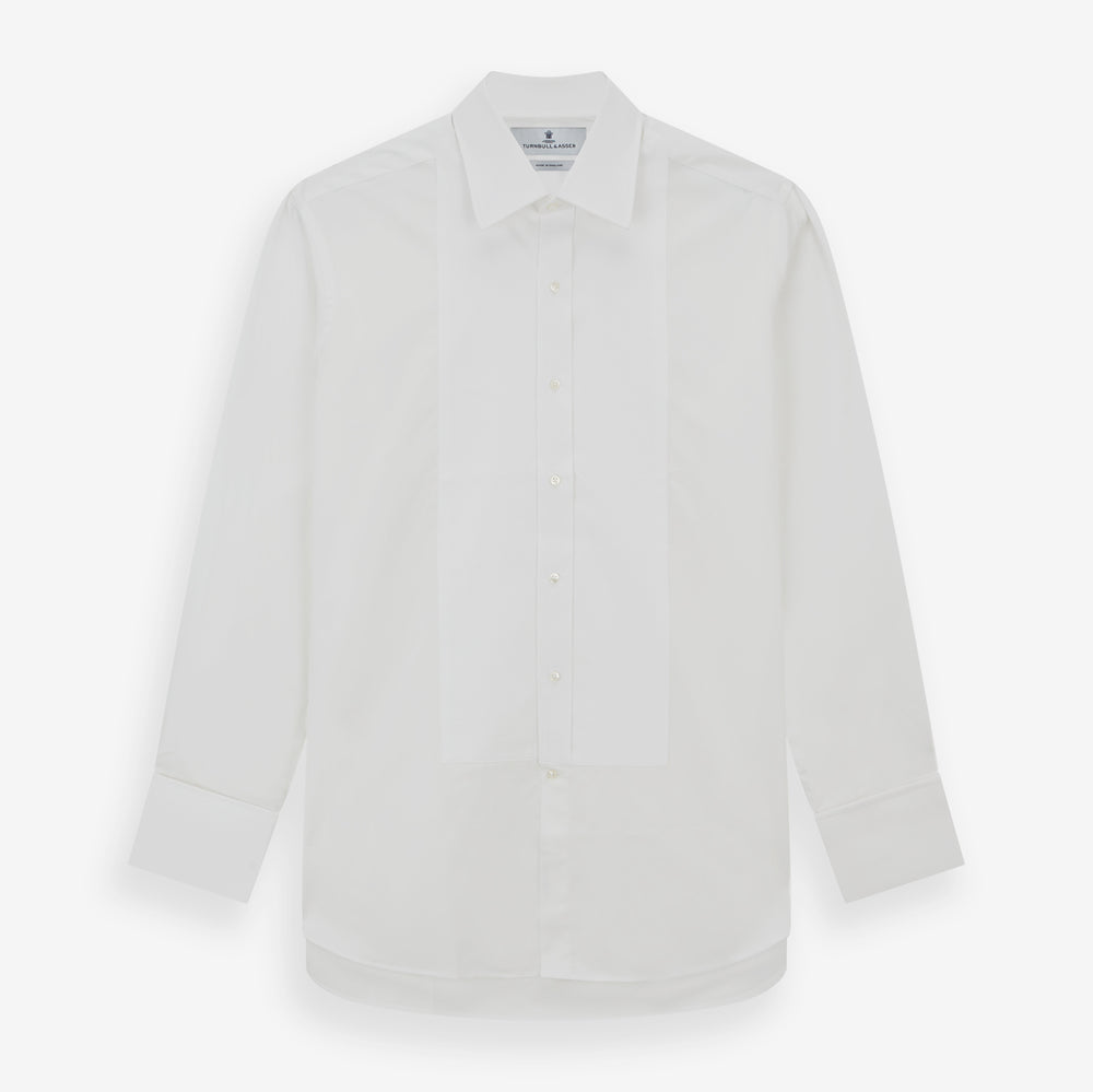 The Turnbull & Asser White Marcella Dress Shirt features a T&A collar, double cuffs, and pleated front detailing—ideal for formal occasions. Displayed on a plain white background.