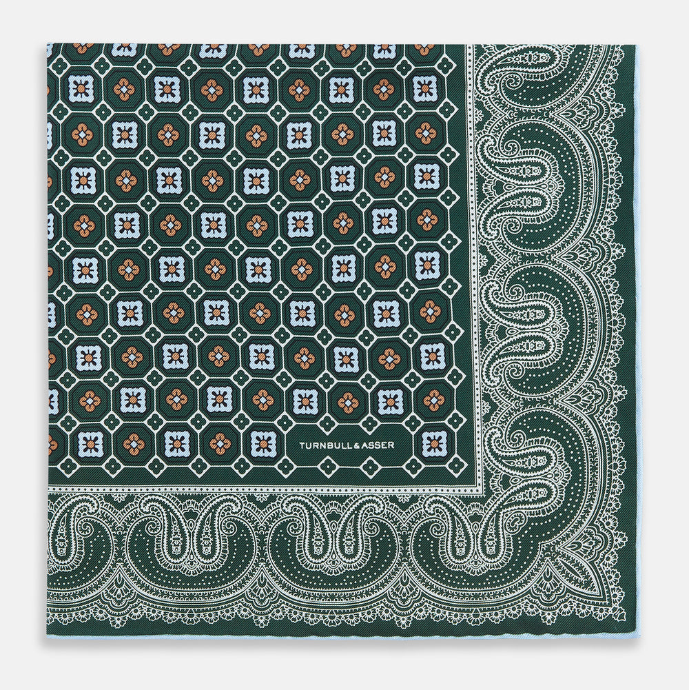 Forest Green Floral Tile and Paisley Silk Pocket Square