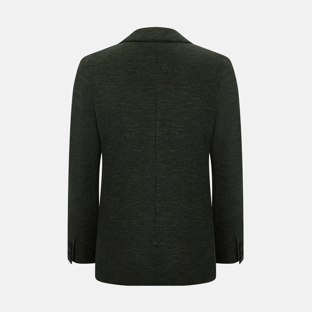 The Turnbull & Asser Forest Green Linen Blend Cambridge Blazer features British tailoring with notch lapels, two front buttons, a chest pocket, and two lower pockets, displayed on a plain white background.