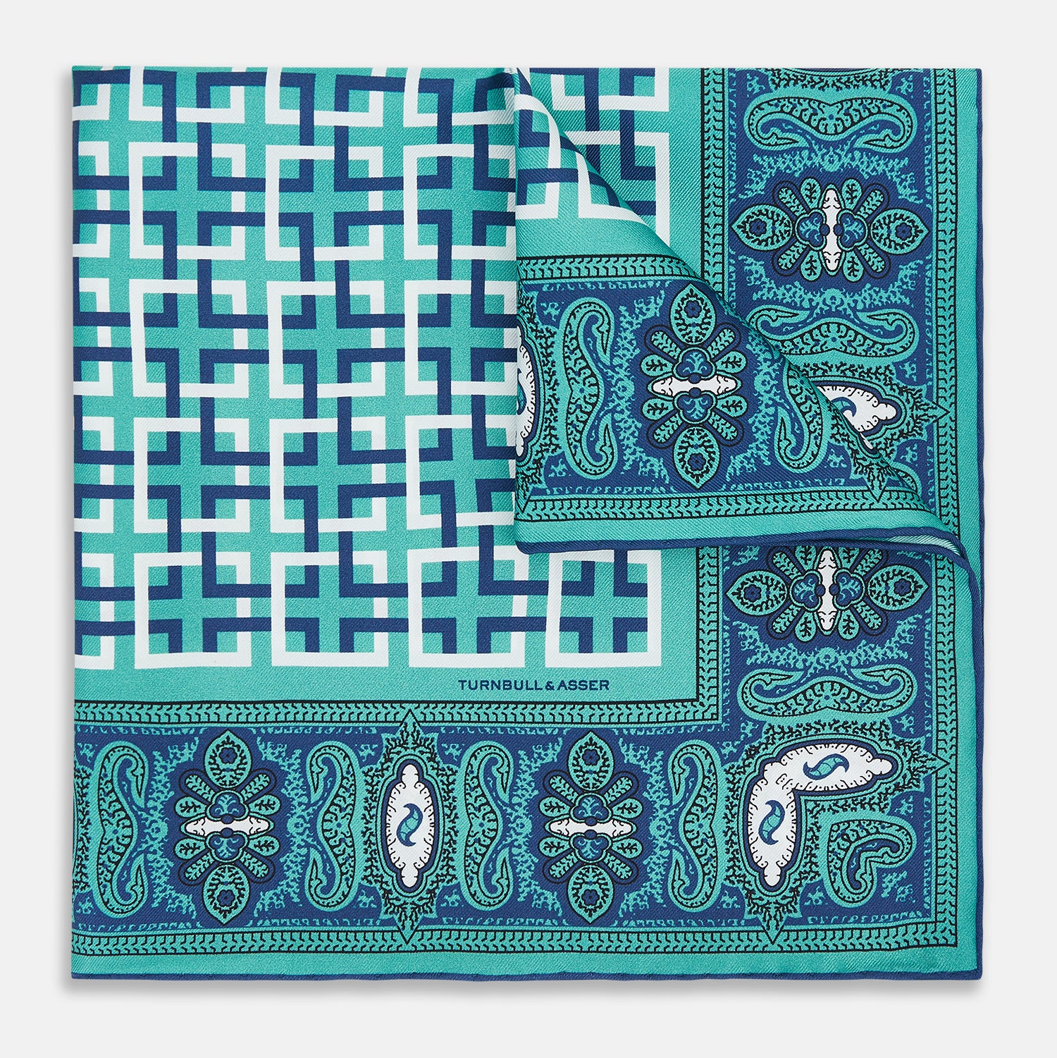 Image 6 of product Turquoise Square-Patterned and Paisley Silk Pocket Square