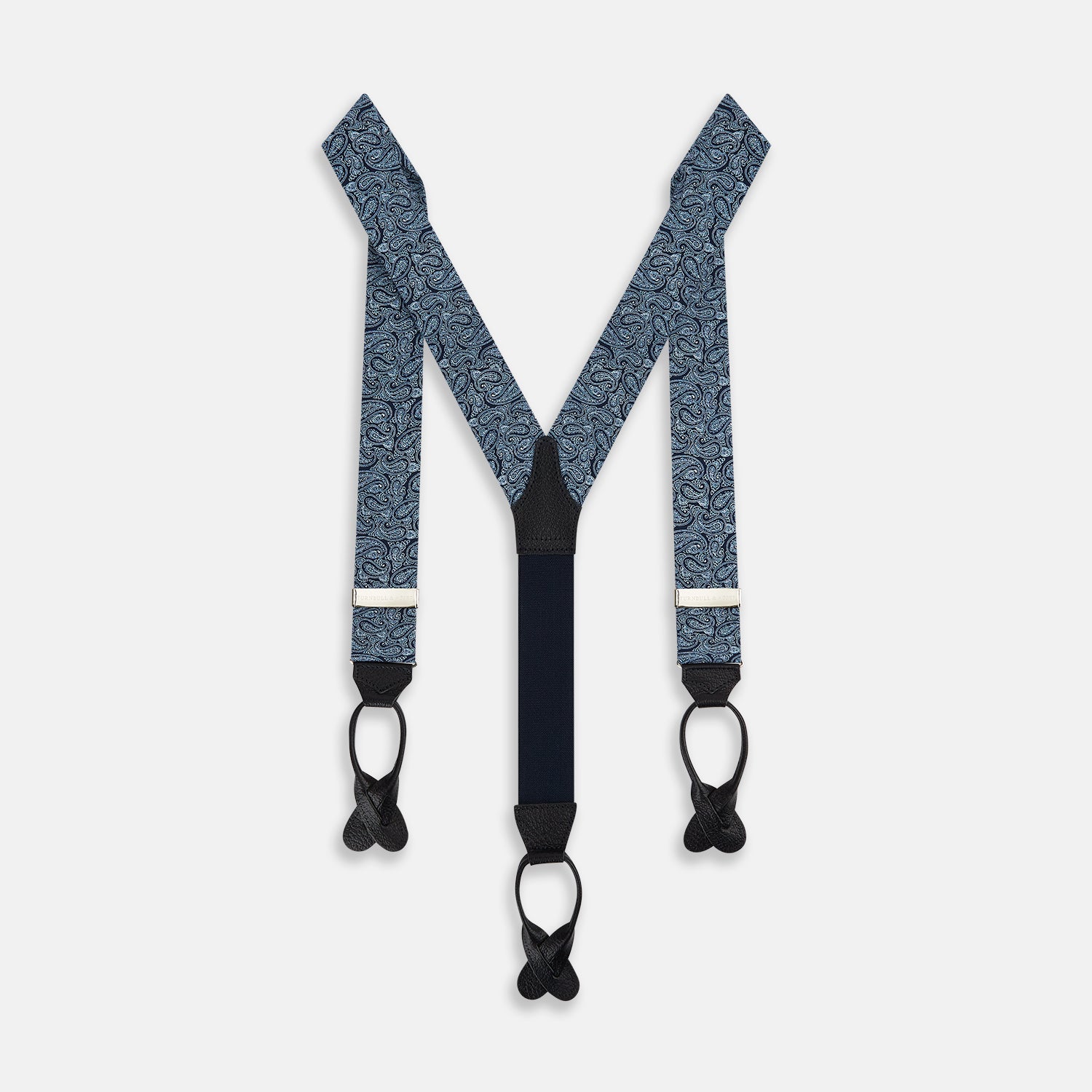 Image 1 of product Turnbull & Asser Dark Navy Paisley Adjustable Silk and Navy Leather Braces with silver adjusters, arranged in an M shape on a plain white background—ideal for refined sartorial styling.