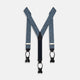 Turnbull & Asser Dark Navy Paisley Adjustable Silk and Navy Leather Braces with silver adjusters, arranged in an M shape on a plain white background—ideal for refined sartorial styling.