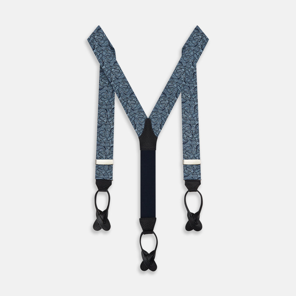 Turnbull & Asser Dark Navy Paisley Adjustable Silk and Navy Leather Braces with silver adjusters, arranged in an M shape on a plain white background—ideal for refined sartorial styling.