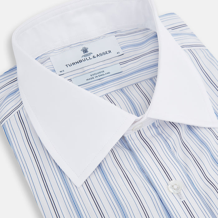 Navy and Blue Multi Stripe Shirt with Contrast Collar and Double Cuffs Image 1