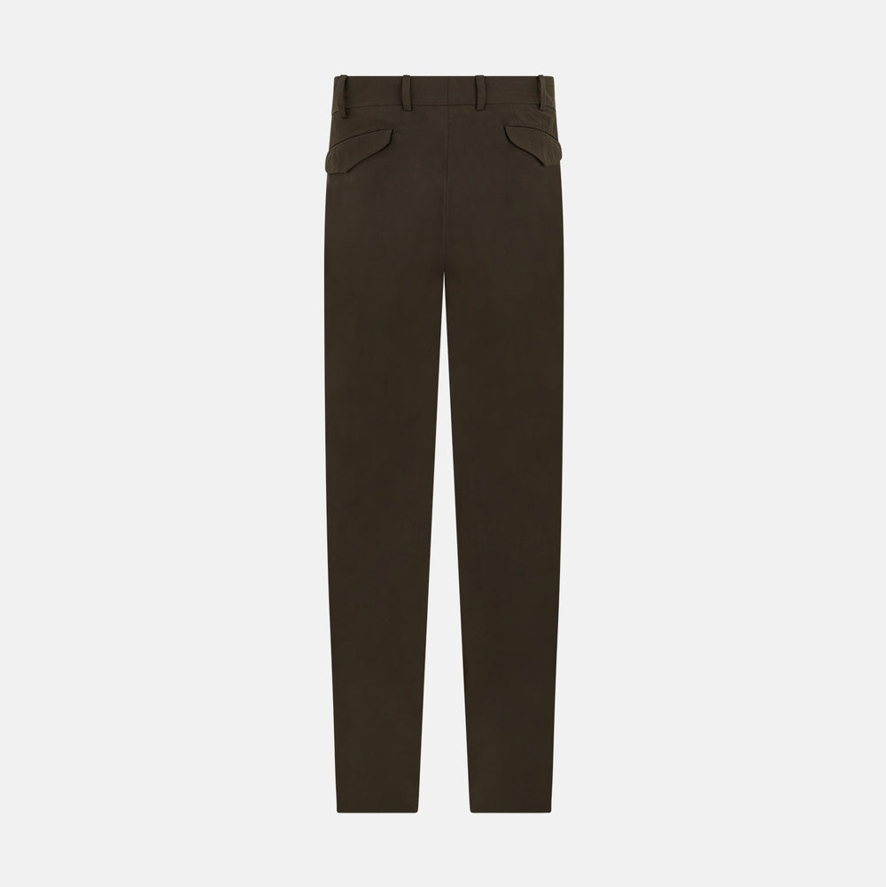 A pair of straight-leg Moss Green Winston Trousers by Turnbull & Asser in high-twist cotton with belt loops, button closure, and side pockets, displayed on a plain white background.