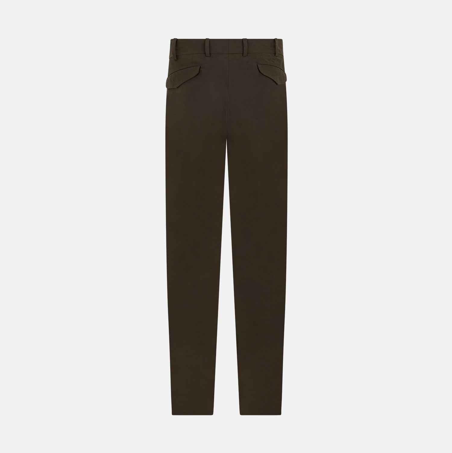 View 11 of product A pair of straight-leg Moss Green Winston Trousers by Turnbull & Asser in high-twist cotton with belt loops, button closure, and side pockets, displayed on a plain white background.