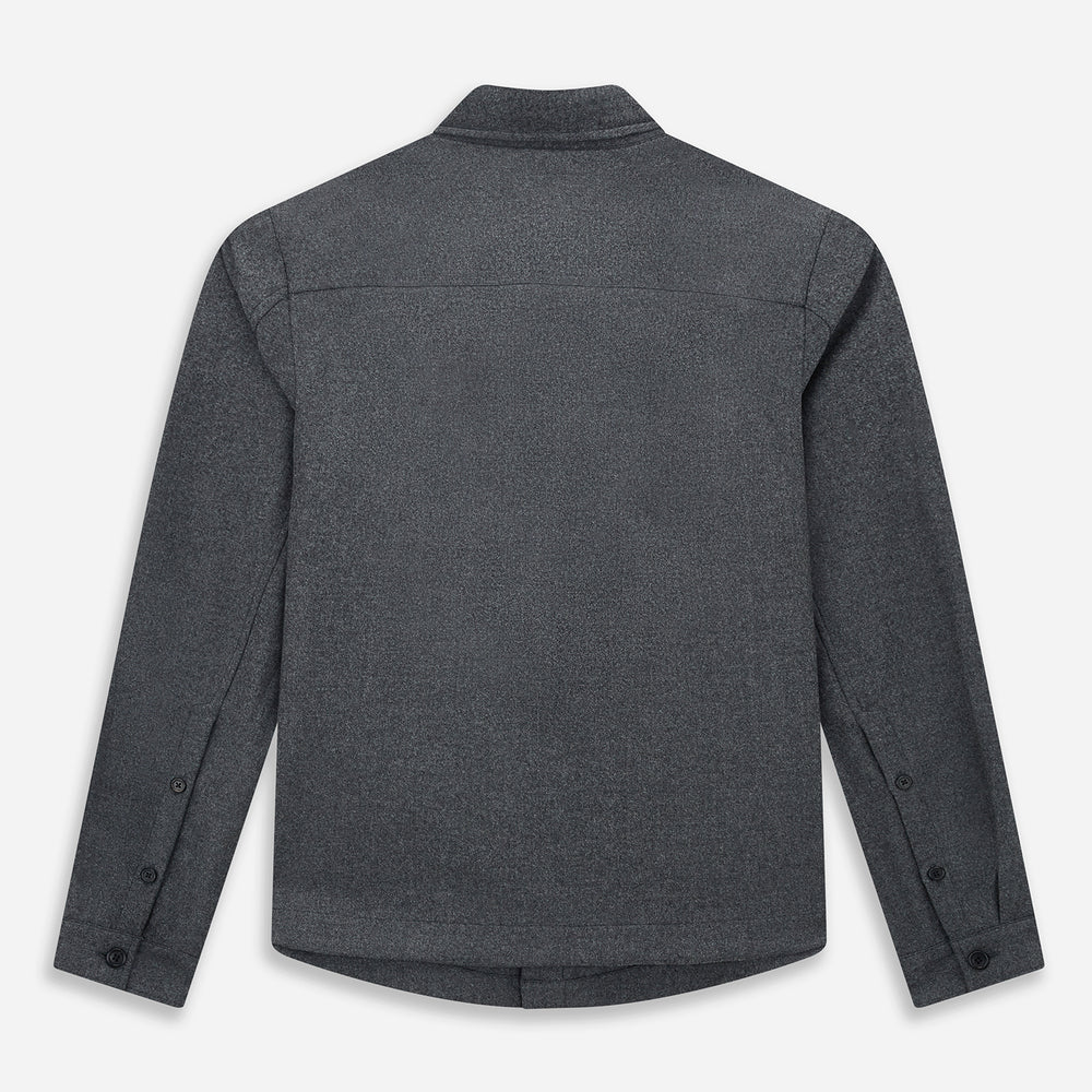 The Grey Highbury Overshirt by Turnbull & Asser is a long-sleeve, button-up charcoal gray overshirt with a single chest pocket, inspired by classic formal jackets and shown laid flat on a white background.