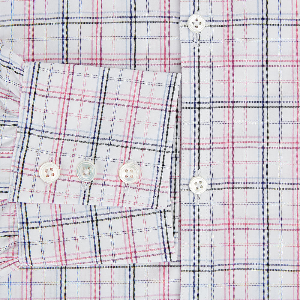 The Purple and Blue Multi Check Westminster Shirt by Turnbull & Asser features a refined plaid pattern, long sleeves, and button-up design—displayed flat to showcase hallmark British craftsmanship.