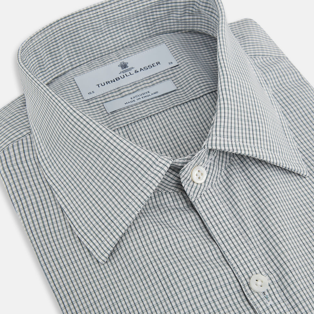 A forest green micro tattersall Westminster shirt by Turnbull & Asser with long sleeves, pointed collar, button-down front, and a tailored fit is displayed flat on a white background.