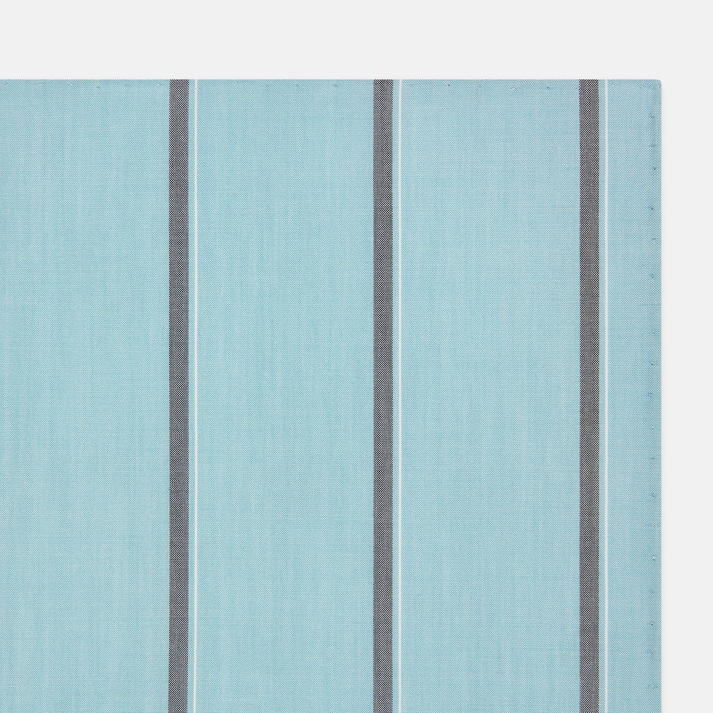 The Turnbull & Asser Light Sage Track Stripe Hand-Rolled Handkerchief features vertical thin white and thicker dark gray stripes, neatly folded with a simple modern design, made in England.