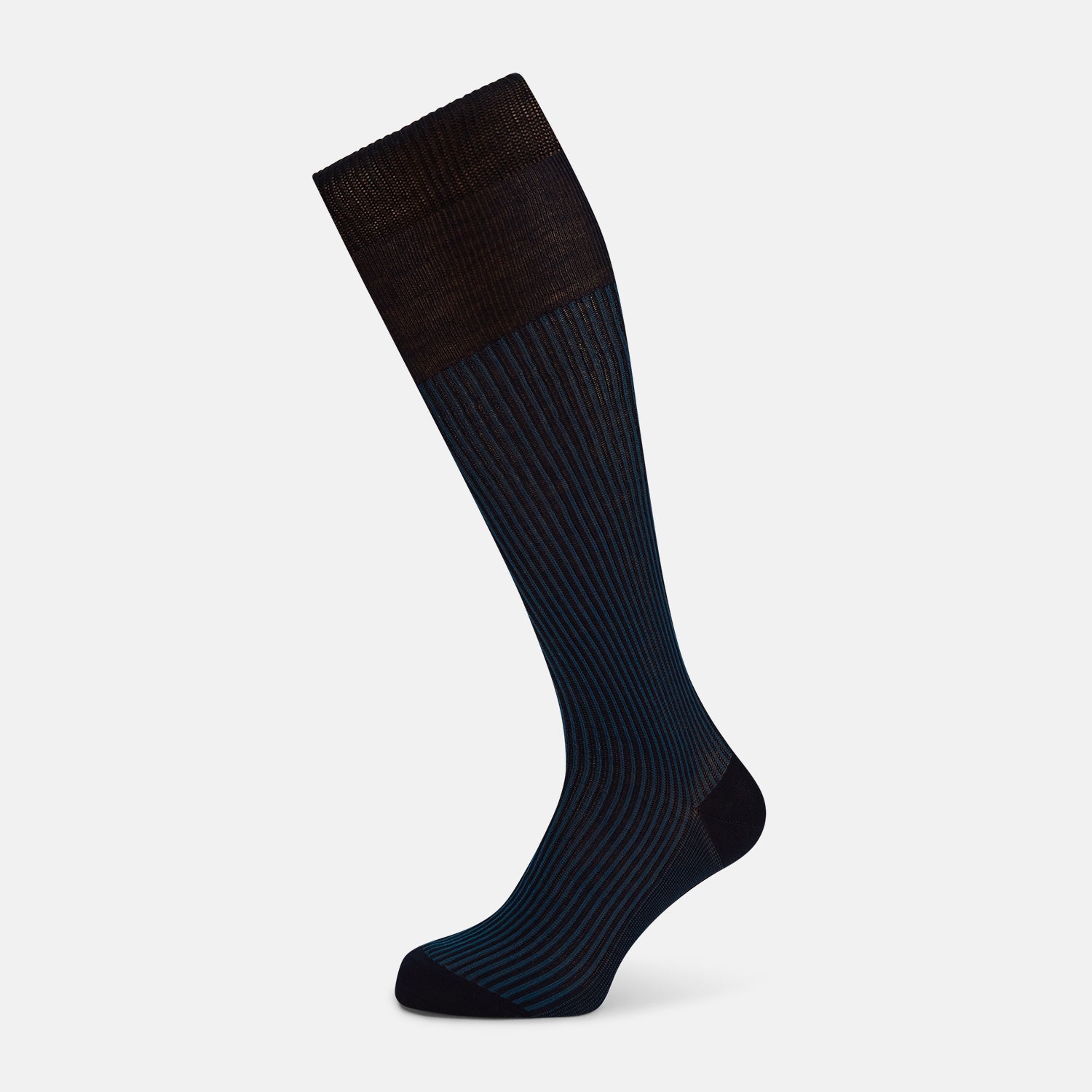 View 1 of product The Navy/Blue Thin Striped Long Socks by Turnbull & Asser feature an over the calf design with a dark upper and navy-black vertical stripes, made from soft mercerised Egyptian cotton for comfort. Displayed on a white background.