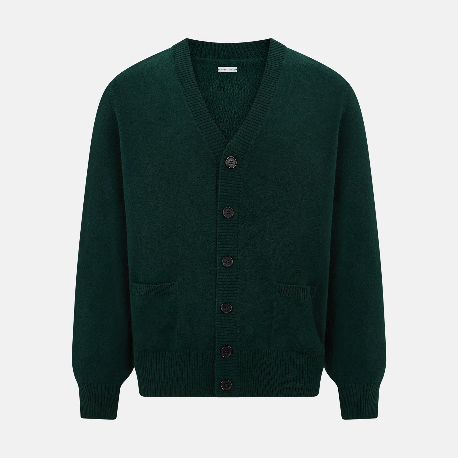 View 1 of product The Turnbull & Asser Forest Green Cashmere Cardigan—featuring long sleeves, a V-neck, button-down front, ribbed cuffs and hem, plus two front pockets—is shown against a plain white background.