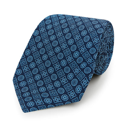 Dark Navy Floral Tile Pattern Printed Silk Tie Image 4