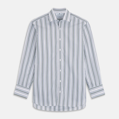 Green Multi Stripe Regular Fit Shirt with T&A Collar & 3 Button Cuffs