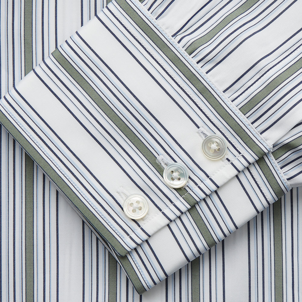 Green Multi Stripe Regular Fit Shirt with T&A Collar & 3 Button Cuffs