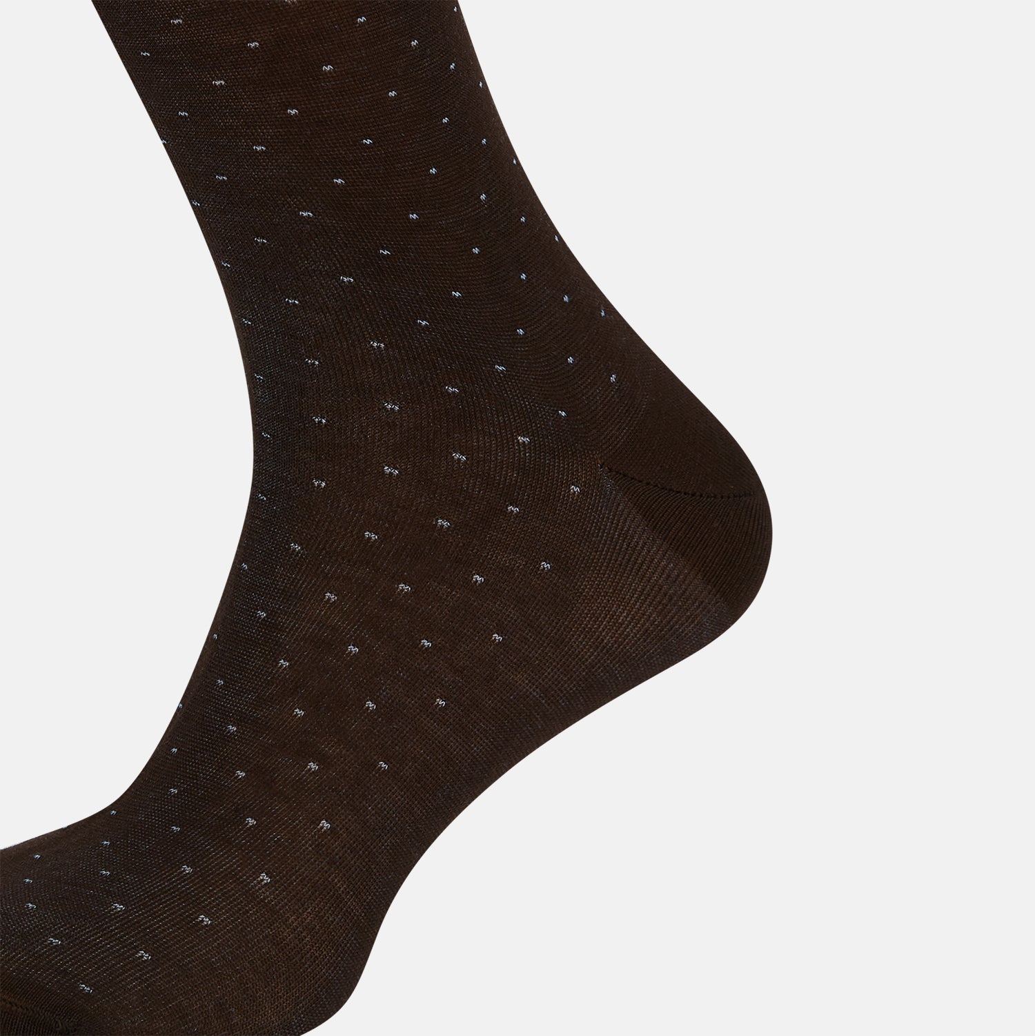 View 4 of product The Turnbull & Asser Dark Chocolate/Pale Blue Polka Dot Long Sock is shown as a single over-the-calf sock with pale blue dots on dark brown, displayed against a plain white background.