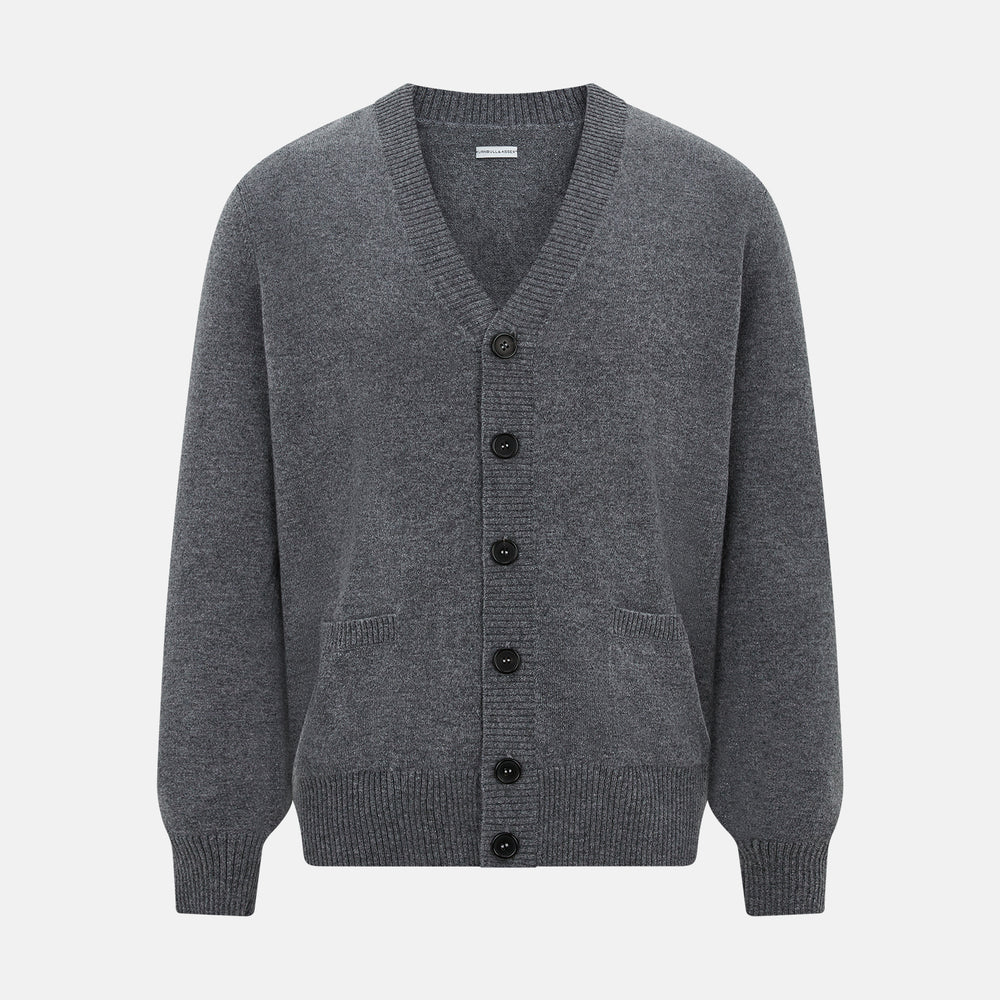 The Turnbull & Asser Grey Melange Cashmere Cardigan features a V-neck, ribbed cuffs and hem, front buttons, and two pockets—an elegant piece from our timeless knitwear collection. Shown here against a plain white background.