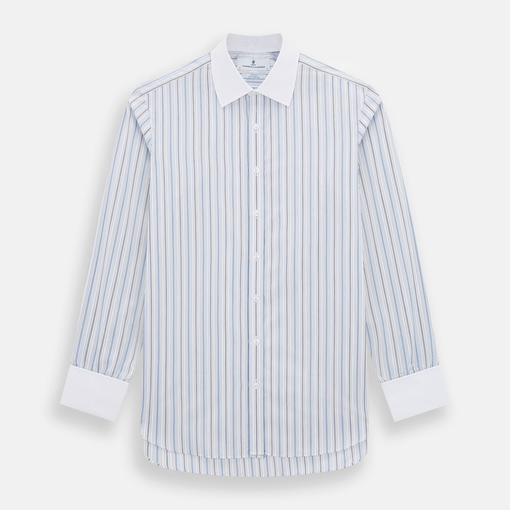 The Turnbull & Asser Navy and Blue Multi Stripe Shirt with Contrast Collar and Double Cuffs is shown in a Mayfair fit on a plain white background.