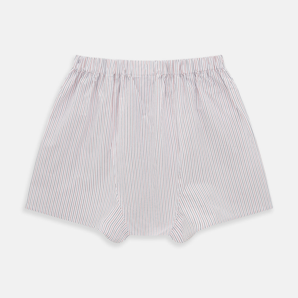 Red and black vertically striped Godfrey boxer shorts by Turnbull & Asser, crafted from soft Italian cotton with an elastic waistband, displayed flat on a white background.